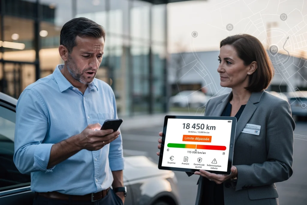 un assuré discute avec une assureuse  du dépassement kilométrique