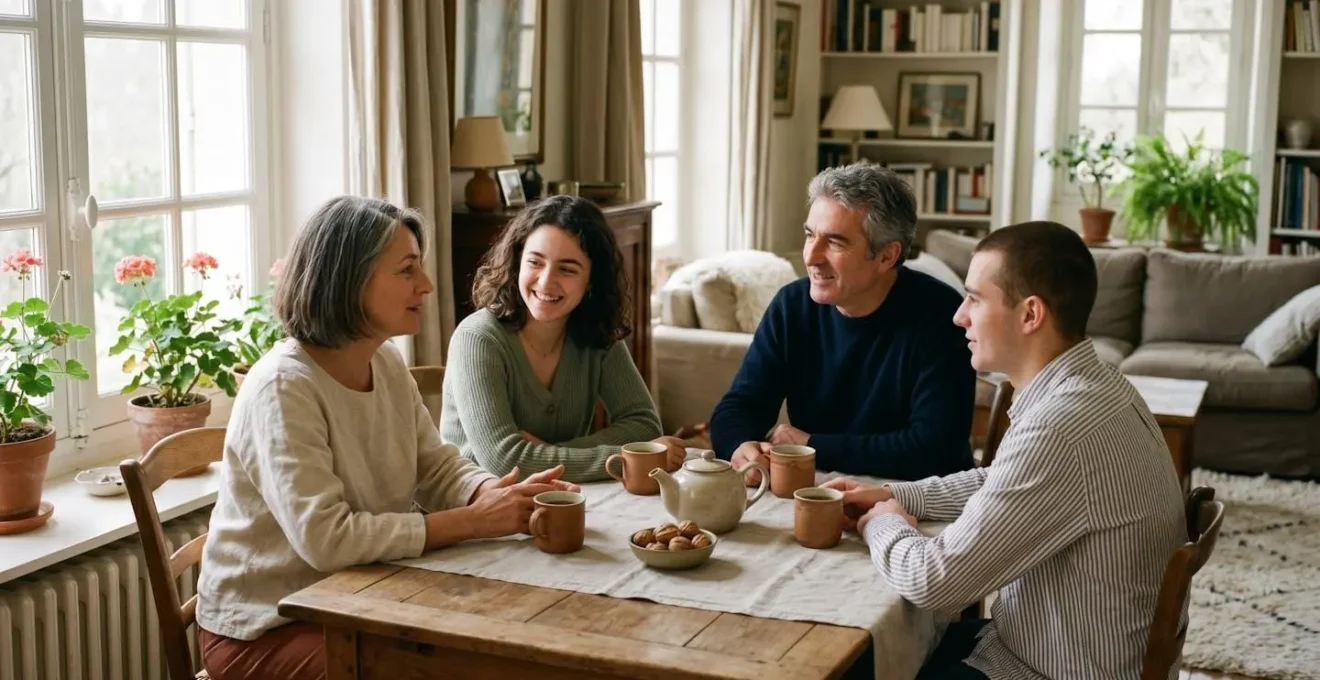 Famille adulte discutant de transmission patrimoniale dans un salon lumineux