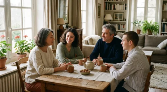 Famille adulte discutant de transmission patrimoniale dans un salon lumineux