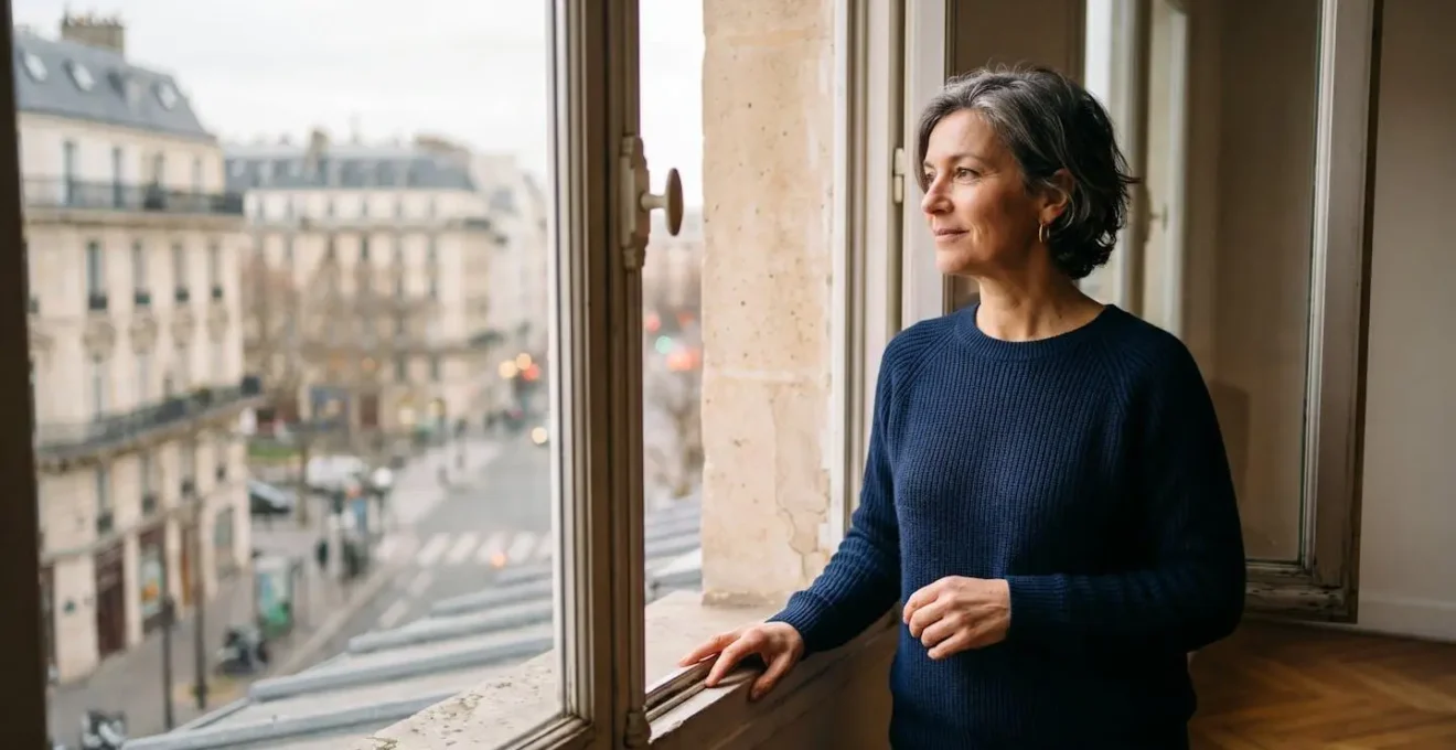 Femme d'une cinquantaine d'années en réflexion devant une fenêtre donnant sur une ville française