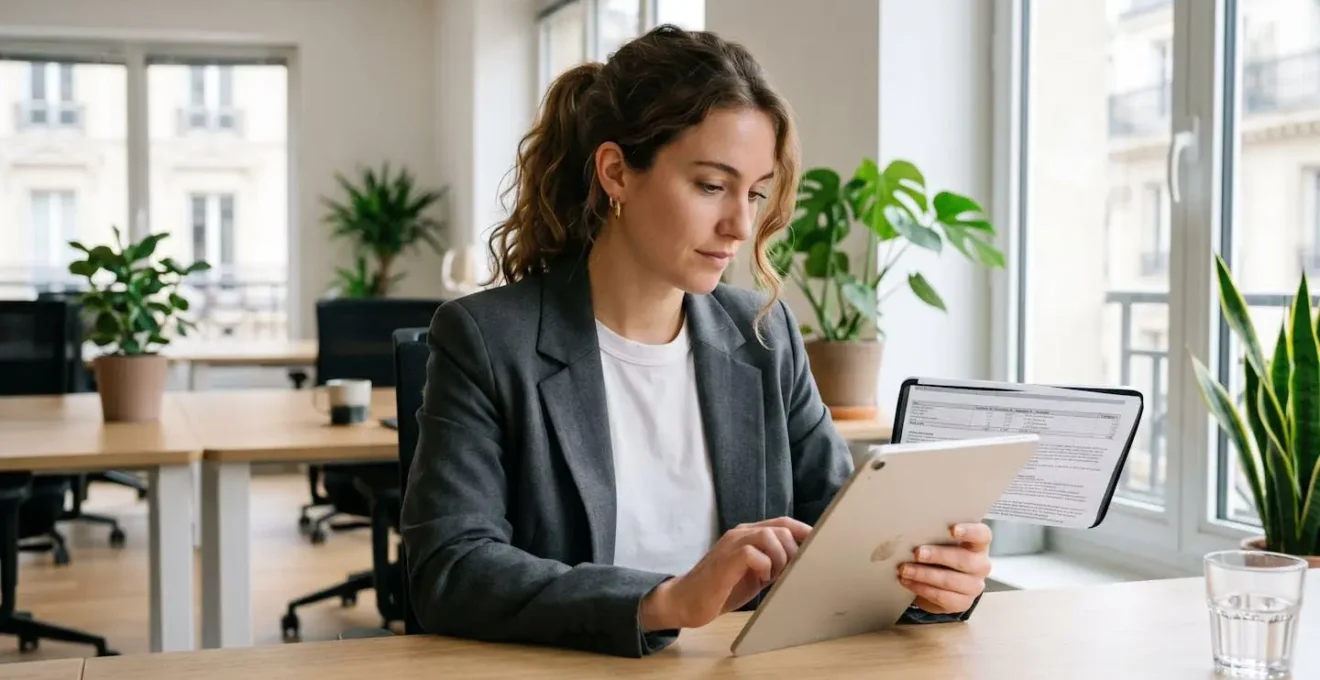 Jeune adulte de 25 ans analysant ses options d'épargne à un bureau lumineux, tablette en main