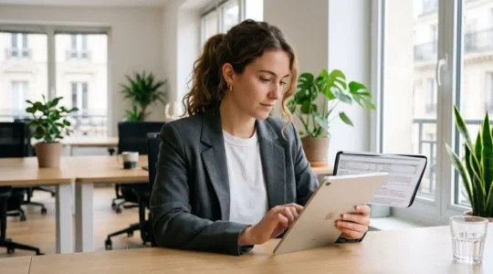 Jeune adulte de 25 ans analysant ses options d'épargne à un bureau lumineux, tablette en main