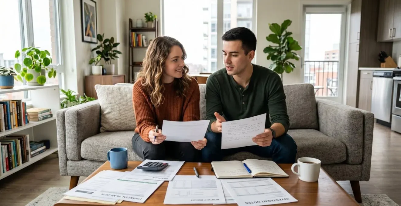 Jeune couple discutant d'un projet d'épargne dans leur appartement, documents sur la table basse