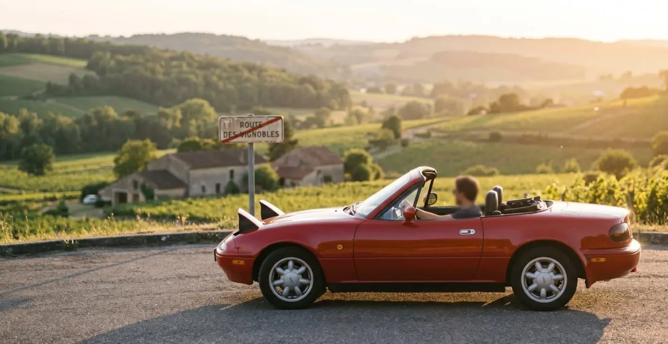 Mazda MX-5 NA roadster décapotée garée sur route panoramique française, lumière dorée de fin de journée créant reflets chauds sur carrosserie rouge.