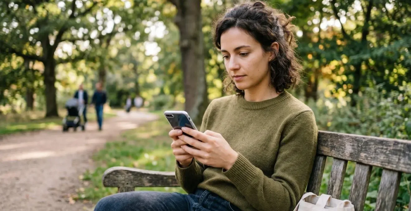 Personne consultant son application d'épargne sur smartphone en extérieur, atmosphère sereine