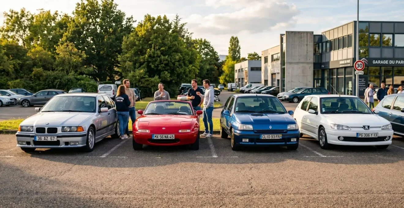Rassemblement de youngtimers des années 1990 en plein air, avec BMW E36, Mazda MX-5 et compactes sportives stationnées côte à côte, propriétaires échangeant en arrière-plan, lumière dorée de fin de journée.