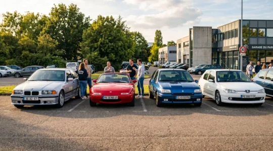 Rassemblement de youngtimers des années 1990 en plein air, avec BMW E36, Mazda MX-5 et compactes sportives stationnées côte à côte, propriétaires échangeant en arrière-plan, lumière dorée de fin de journée.