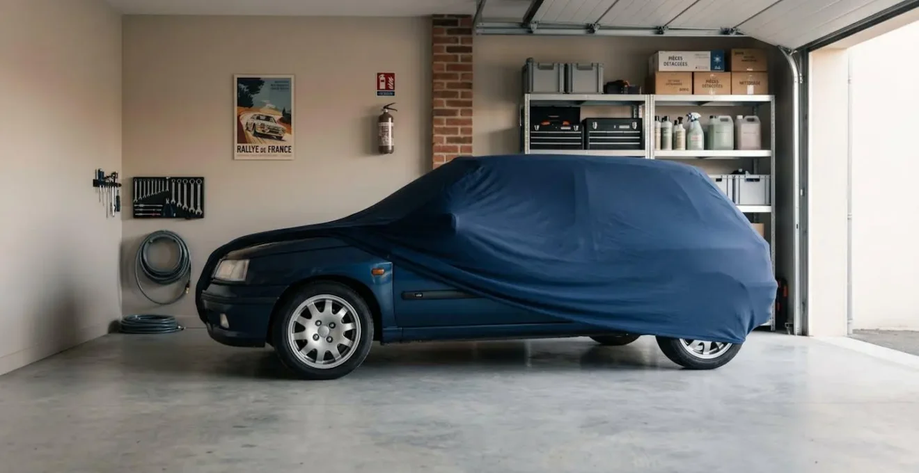 Youngtimer des années 90 stationné dans garage résidentiel soigné, partiellement recouvert d'une housse de protection, lumière naturelle douce soulignant le soin apporté au véhicule de collection.