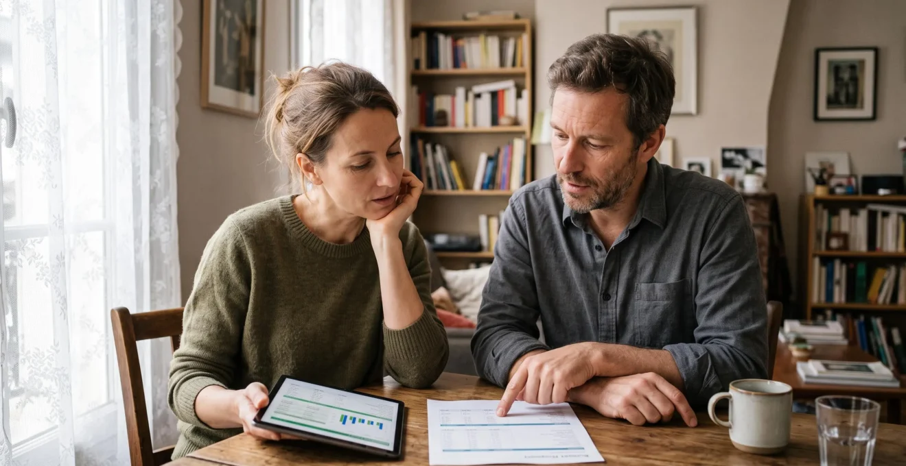 Couple de quadragénaires discutant de planification financière à domicile, documents et tablette à l'appui