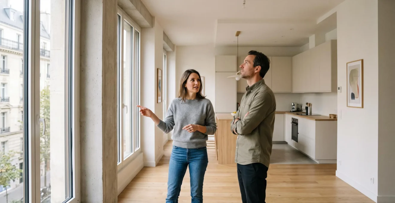 Couple de quadragénaires visitant un appartement moderne en France lors d'une visite immobilière