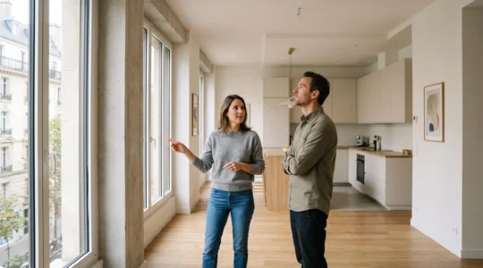 Couple de quadragénaires visitant un appartement moderne en France lors d'une visite immobilière