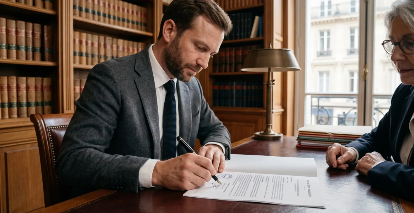 Personne de quarantaine signant un acte d'achat immobilier dans une étude notariale française